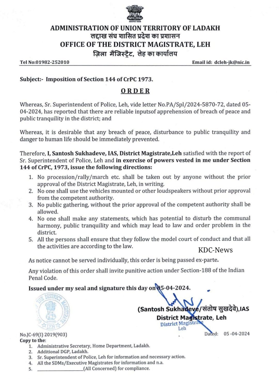 Section 144 imposed in Leh district
